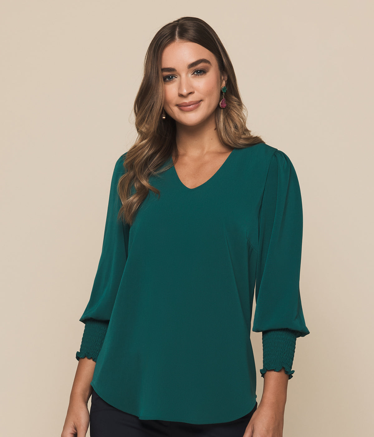 Cleo V-Neck Shirred Cuff Top