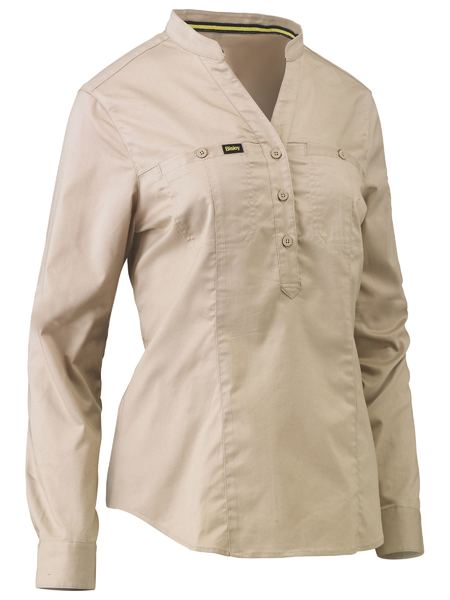 Bisley womens v-neck, stretch, closed front, long sleeve work shirt. Colours: Stone, Navy, Olive. 