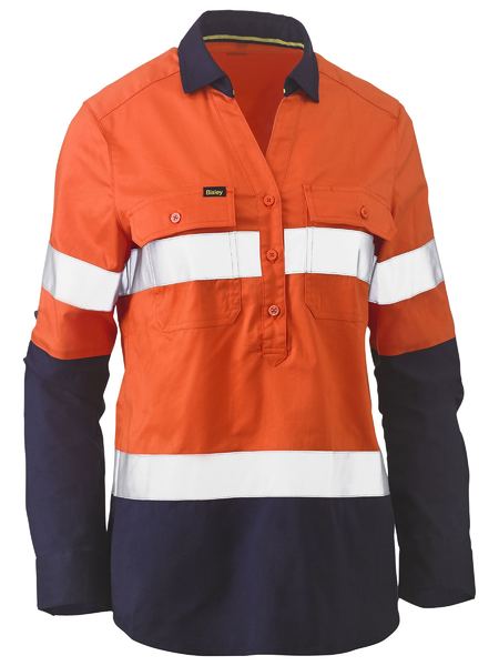 Bisley Womens Hi Vis Taped Stretch Shirt - Orange/Navy