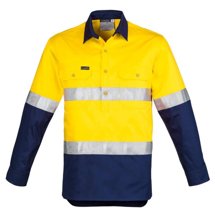 Mens Hi Vis Closed Front L/S Shirt - Hoop Taped - Uniforms and Workwear NZ - Ticketwearconz