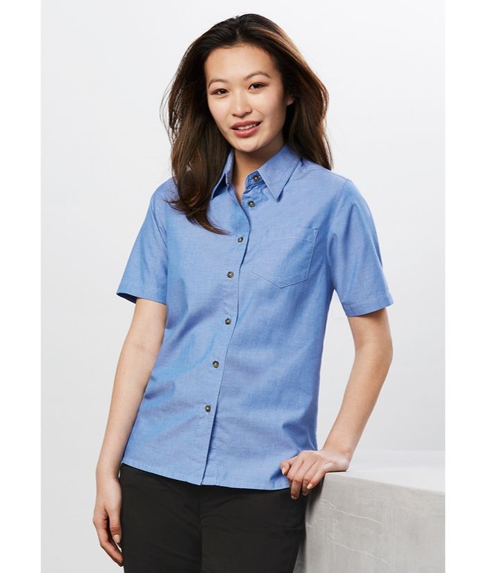 womens-ladies-short-sleeve-blue-chambray-100%-cotton-shirt-uniform-office-hospitality-trades