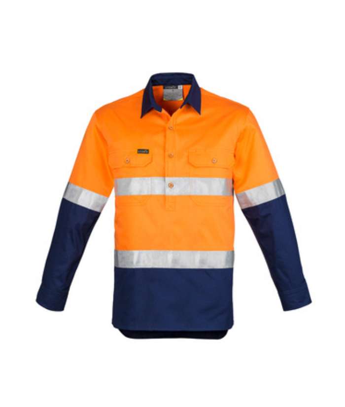 orange-navy-syzmik-Mens-Hi-Vis-Closed-Front-Long-Sleeve-Shirt-Hoop-Taped-ZW550