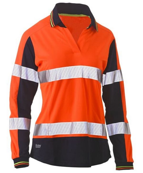 Womens Long Sleeve Taped, 2 Tone, Hi Vis, V-Neck Polo Orange/Navy