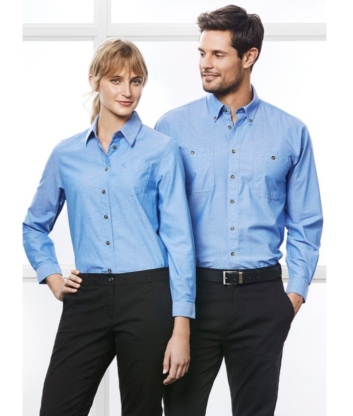Mens-long-sleeve-chambray-shirt-blue-100%-cotton-uniform-trades-hospitality-casual