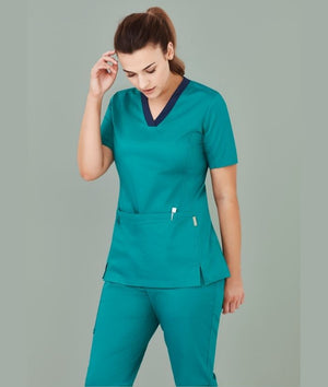 bizcare-ladies-womens-riley-stretch-scrub-top-teal-navy