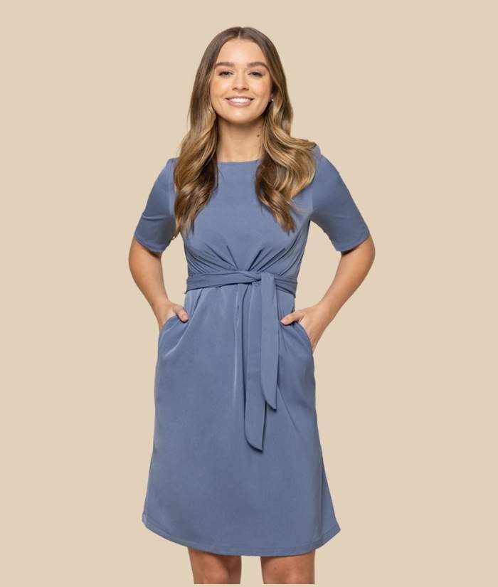 worn-career-gloweave-womens-ladies-mason-luxe-twill-short-sleeve-dress-1801WD-denim-blue