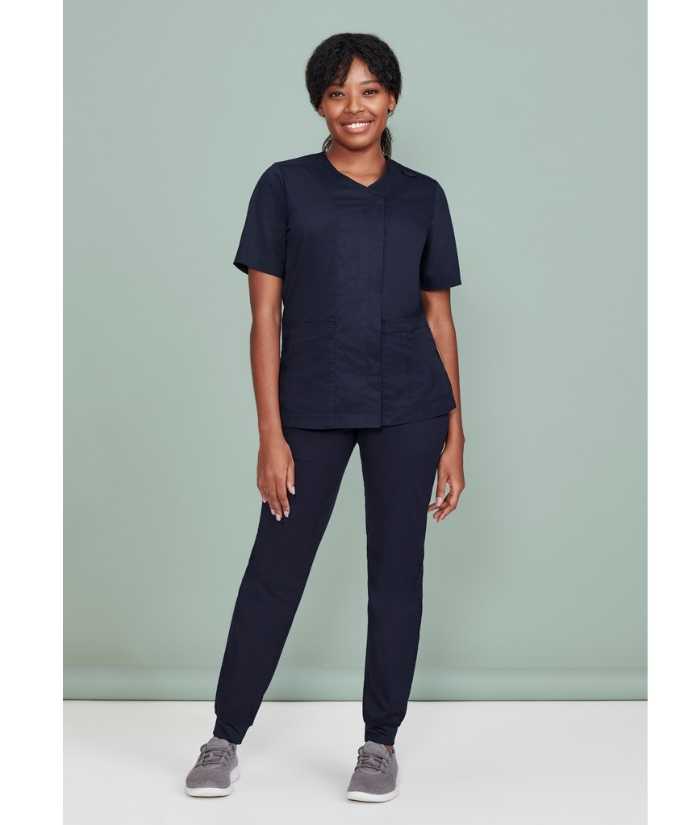 worn-midnight-navy-Parks-womens-Zip-Front-Crossover-Scrub-top-CST240LS-BizCare