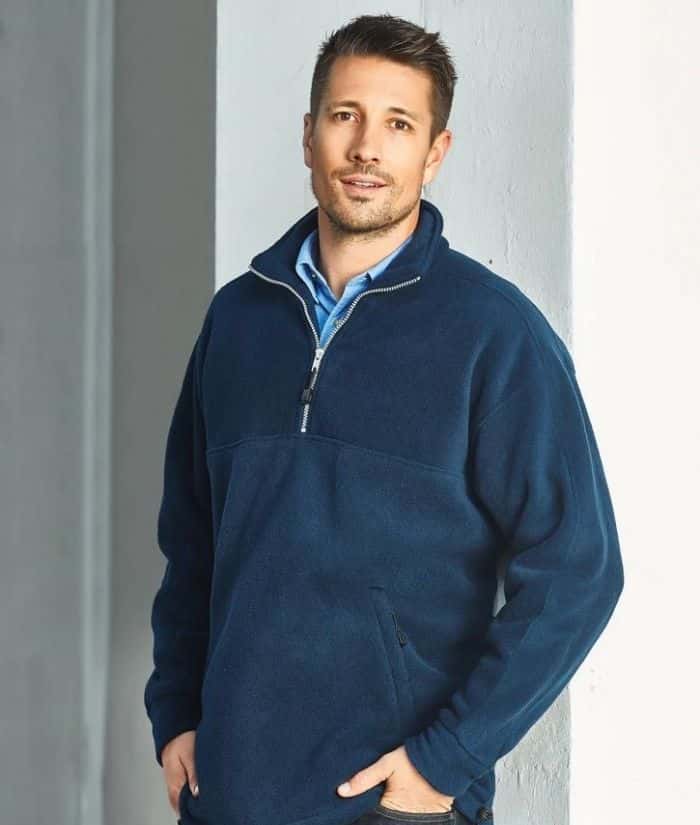 worn-navy-PF380-mens-biz-collection-plain-heavy-weight-polar-microfleece-half-zip