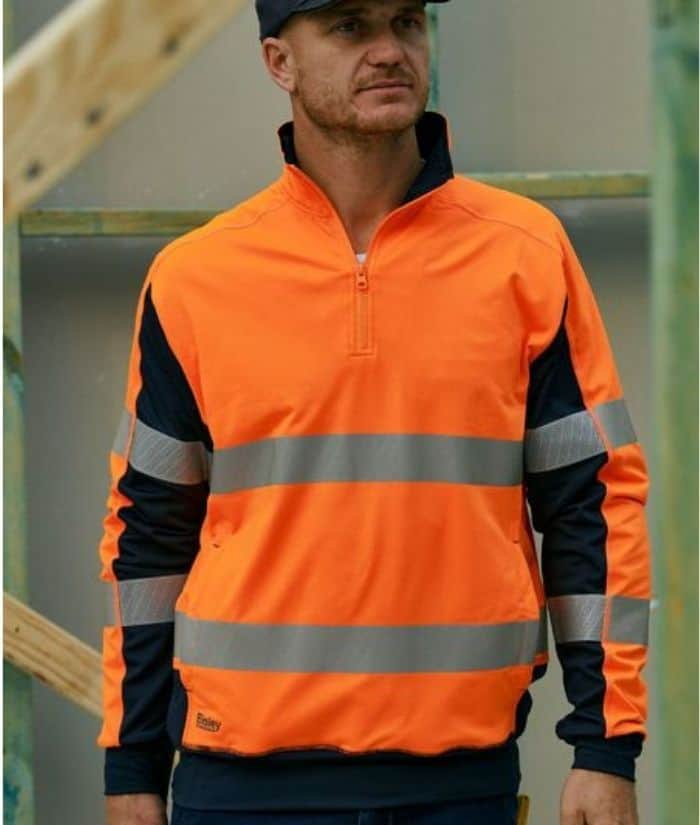 orange-navy-bisley-Taped-Hi-Vis-Stretchy-Fleece-Zip-Pullover-BK6817T